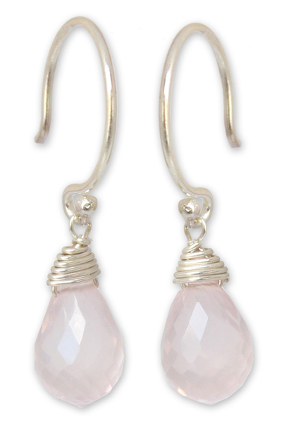 Rose quartz dangle earrings, 'Sparkling Dewdrop' - Hand Made Sterling Sivler and Rose Quartz Dangle Earrings