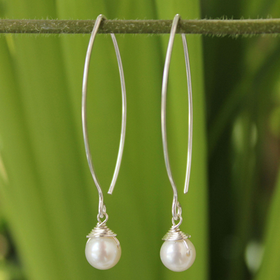 Pearl dangle earrings, 'Sublime' - Thai Sterling Silver and Pearl Earrings