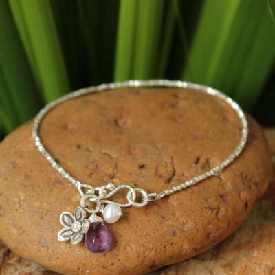 Pearl and amethyst beaded charm bracelet, 'Blossoming Romance' - Thai Floral Silver Beaded Amethyst Bracelet