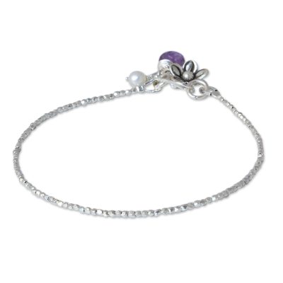 Pearl and amethyst beaded charm bracelet, 'Blossoming Romance' - Thai Floral Silver Beaded Amethyst Bracelet