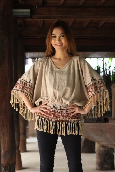 Cotton blouse, 'Hypnotic Geometry' - Hand Crafted Cotton Blouse