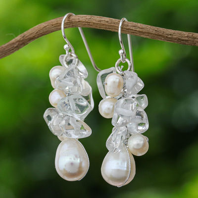 Pearl and quartz cluster earrings, 'Icicles' - Pearl and Quartz Cluster Earrings