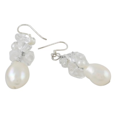 Pearl and quartz cluster earrings, 'Icicles' - Pearl and Quartz Cluster Earrings