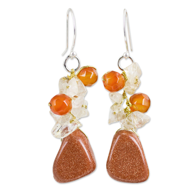 Quartz and carnelian cluster earrings, 'Bouquet' - Hand Crafted Multigem Cluster Earrings