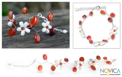 Pearl and carnelian floral bracelet, 'Bright Dream' - Unique Pearl and Carnelian Flower Bracelet