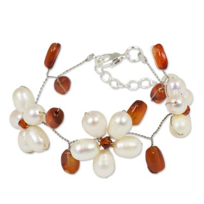 Unique Pearl and Carnelian Flower Bracelet