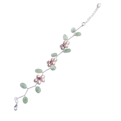 Pearl floral bracelet, 'Lilac Dream' - Pearl and Quartz Beaded Bracelet