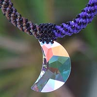 Beaded necklace, 'Moon of the Universe' - Beaded Glass Pendant Necklace