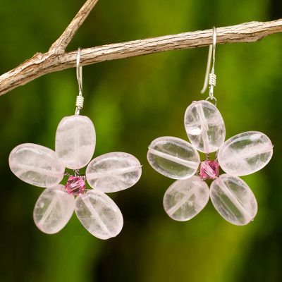 Rose quartz flower earrings, 'Mystic Daisy' - Rose Quartz Flower Earrings