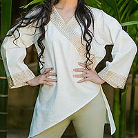 Cotton blouse, 'China Paths' - Handcrafted Thai Geometric Cotton Womens Blouse 