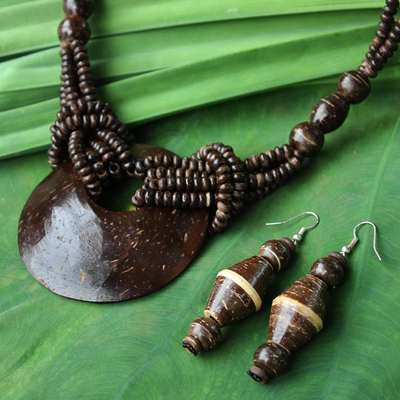 Coconut shell Jewellery set, 'Thai Princess' - Coconut Shell Earrings and Necklace Jewellery Set