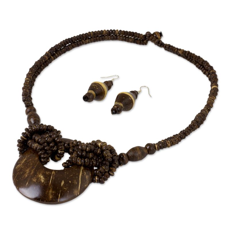 BlueRica Coconut Shell Jewelry Set - Tan Coconut Chips Necklace & Anklet With Barrel Lock