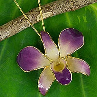 Natural orchid brooch pin necklace, 'Orchid Fantasy'