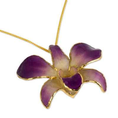 Natural orchid brooch pin necklace, 'Orchid Fantasy' - Gold Plated Natural Flower Pendant Necklace