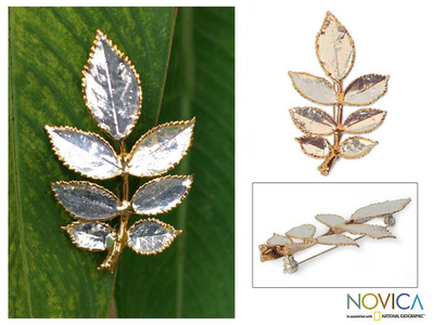 Natural rose leaves brooch pin, 'Silver Leaf' - Natural rose leaves brooch pin