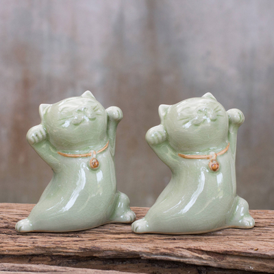 Celadon ceramic statuettes, 'Good Luck Cats' (pair) - Thai Celadon Ceramic Sculptures (Pair)
