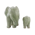 Celadon ceramic statuettes, 'Natural Nurture' (pair) - Green Celadon Ceramic Elephant Statuettes (Pair)