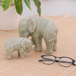 Celadon ceramic statuettes, 'Natural Nurture' (pair) - Green Celadon Ceramic Elephant Statuettes (Pair)