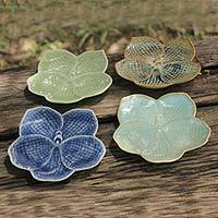 Celadon ceramic plates, 'Orchids' (set of 4) - Celadon Ceramic Dessert Plates (Set of 4)