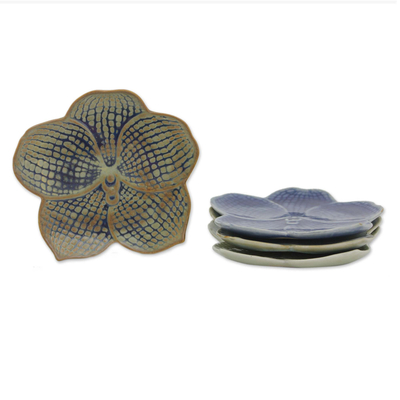 Celadon ceramic plates, 'Orchids' (set of 4) - Celadon Ceramic Dessert Plates (Set of 4)