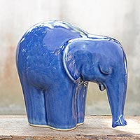 Celadon ceramic statuette (Large) - Blue Elephant | NOVICA