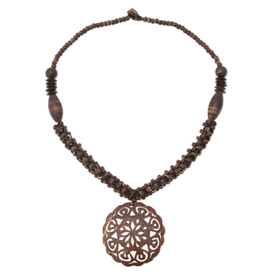 Coconut shell pendant necklace, 'Floral Medallion' - Thai Floral Coconut Shell Beaded Necklace