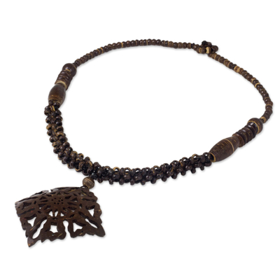 Coconut shell pendant necklace, 'Diamond Sun' - Fair Trade Coconut Shell Pendant Necklace