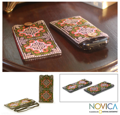 Cotton cell phone carriers, 'Distant Lands' (pair) - Hill Tribe Cotton Embroidered Cell Phone Cases (Pair)