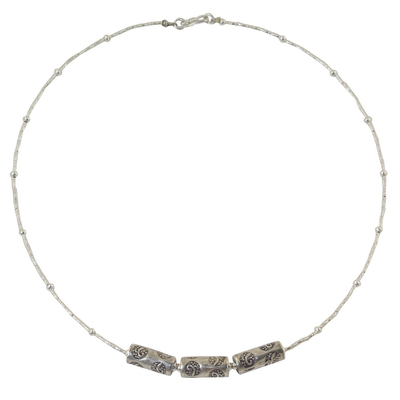 Silver pendant necklace, 'Three Amulets' - 950 Silver Beaded Necklace