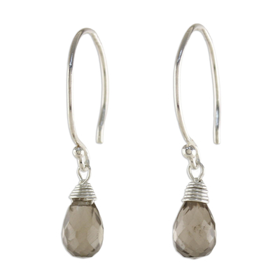 Smoky quartz dangle earrings, 'Smoky Teardrop' - Sterling Silver and Smoky Quartz Dangle Earrings