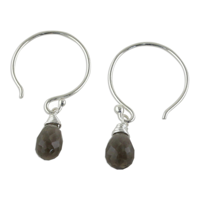 Smoky quartz dangle earrings, 'Smoky Teardrop' - Sterling Silver and Smoky Quartz Dangle Earrings