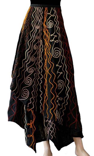 Cotton wraparound skirt, 'Midnight Vineyard' - Cotton wraparound skirt