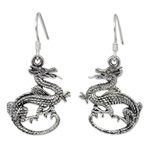 Sterling silver dangle earrings, 'Dragon Duet' - Handcrafted Sterling Silver Dangle Earrings