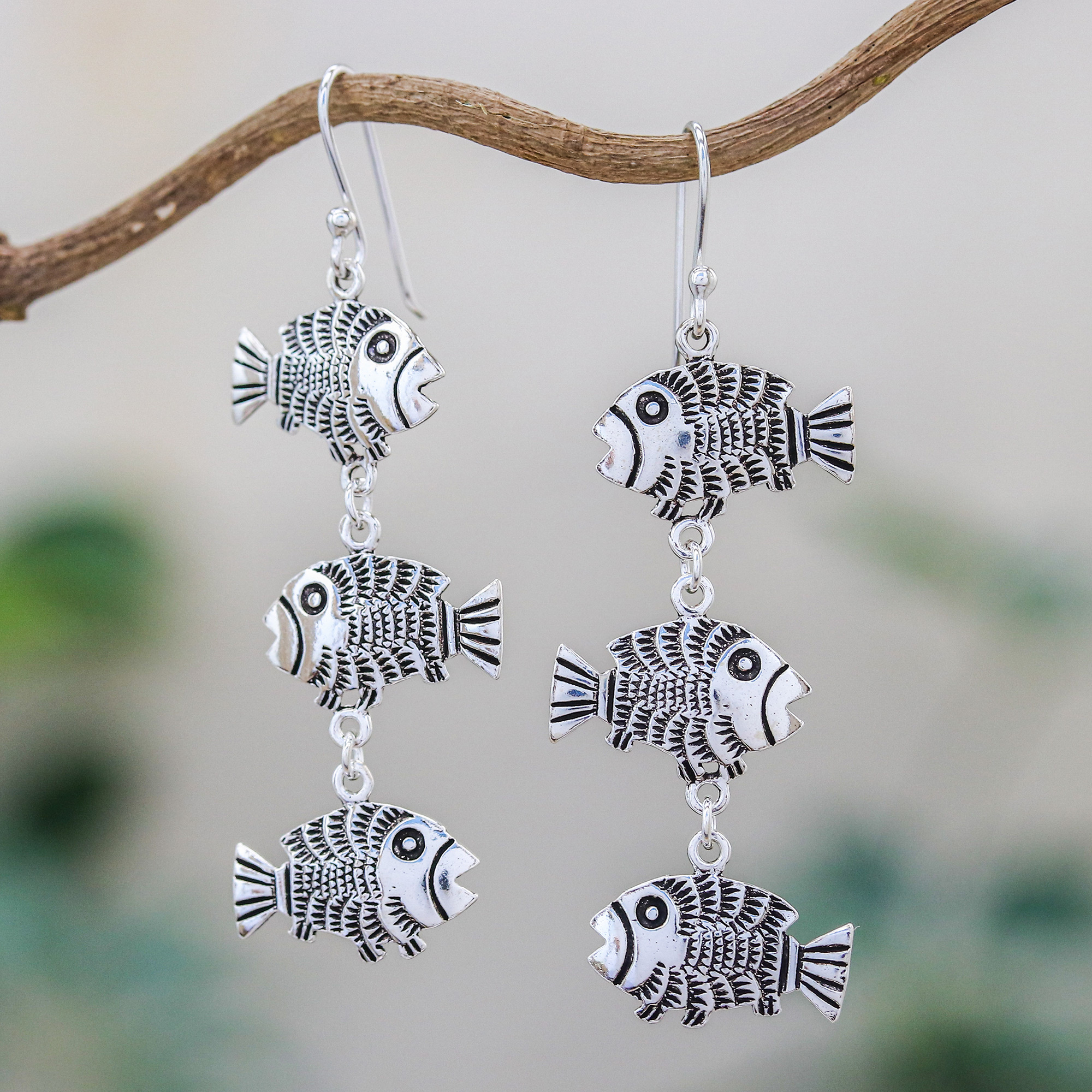 Sterling Silver Fish Hook Trio Heart Dangle Earrings