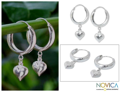 Sterling silver hoop earrings, 'Heart Halo' - Sterling Silver Hoop Earrings