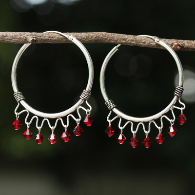 Sterling silver hoop earrings, 'Classic Red' - Sterling Silver Beaded Hoop Earrings from Thailand