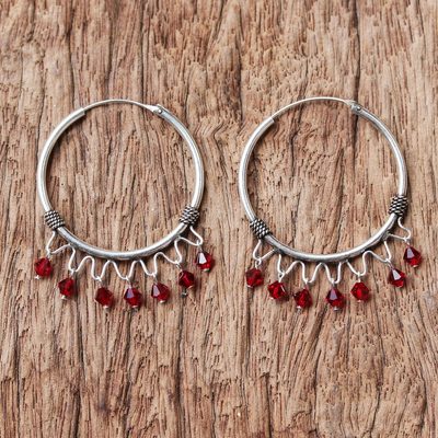 Sterling silver hoop earrings, 'Classic Red' - Sterling Silver Beaded Hoop Earrings from Thailand