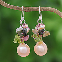 Pearl and peridot cluster earrings,'Rosy Dawn'