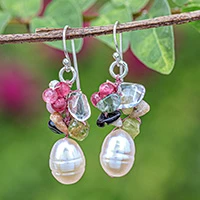 Featured review for Pearl and peridot cluster earrings, Rosy Dawn