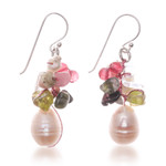 Pearl and peridot cluster earrings, 'Rosy Dawn' - Pearl and peridot cluster earrings