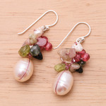 Pearl and peridot cluster earrings, 'Rosy Dawn' - Pearl and peridot cluster earrings