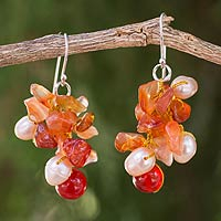 Pearl and carnelian cluster earrings, Summers Glow