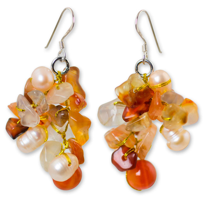 Pearl and carnelian cluster earrings, 'Summer's Glow' - Beaded Carnelian Earrings