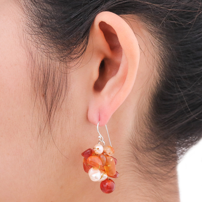 Pearl and carnelian cluster earrings, 'Summer's Glow' - Beaded Carnelian Earrings