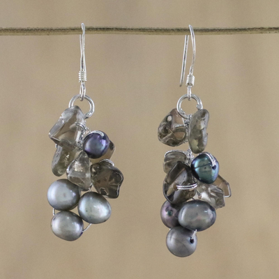 Pendientes de racimo de perlas - Pendientes colgantes de perla y cuarzo