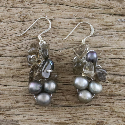 Pearl cluster earrings, 'Midnight Mystery' - Pearl and Quartz Dangle Earrings