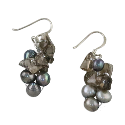Pearl cluster earrings, 'Midnight Mystery' - Pearl and Quartz Dangle Earrings