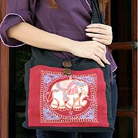 Cotton handbag, 'Red Elephant Luck' - Hand Made Cotton Shoulder Bag
