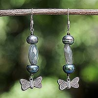 Pearl and labradorite dangle earrings, 'Iridescent Sky'