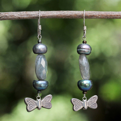 Pearl and labradorite dangle earrings, 'Iridescent Sky' - Pearl and labradorite dangle earrings